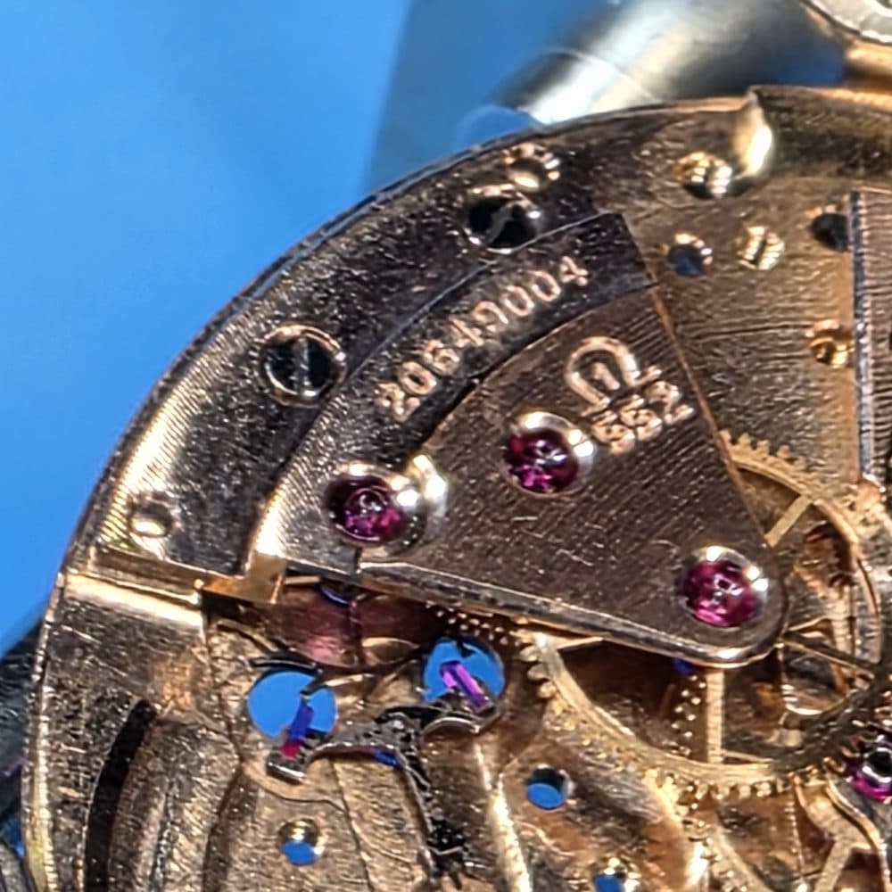 Macro of a gilt, jeweled movement with ruby chatons and blued-steel components